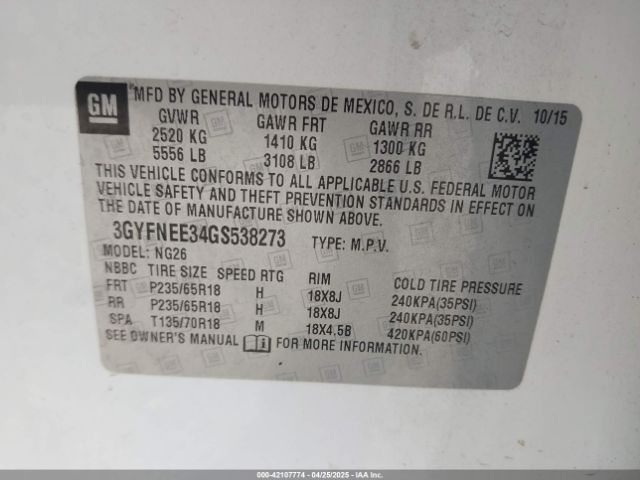 3GYFNEE34GS538273 Cadillac Srx Luxury Collection