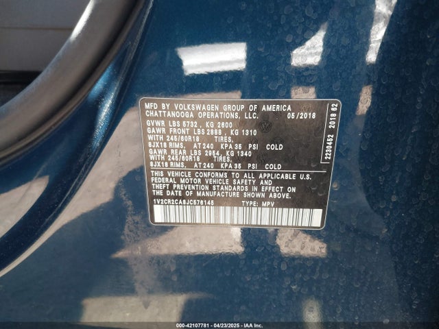 1V2CR2CA8JC576145 Volkswagen Atlas 3.6l V6 Se