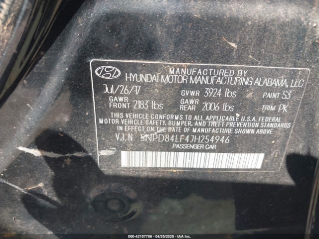 5NPD84LF4JH254946 Hyundai ELANTRA SEL