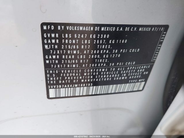 3VV3B7AX4JM188193 Volkswagen Tiguan 2.0t Se/2.0t Sel