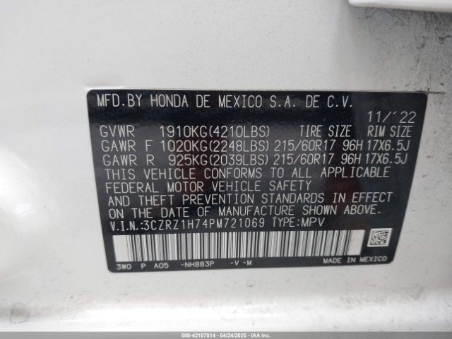 3CZRZ1H74PM721069 Honda Hr-v 2wd Ex-l