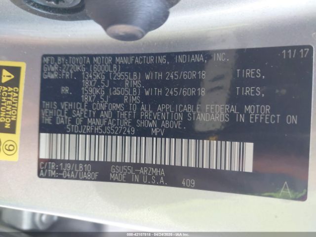5TDJZRFH5JS527249 Toyota Highlander Xle
