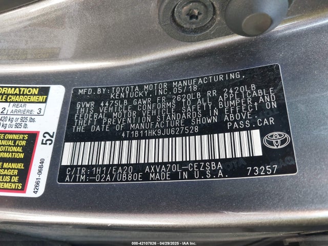 4T1B11HK9JU627528 Toyota CAMRY SE