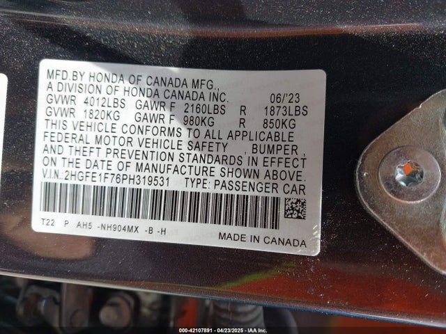 Honda Civic Ex /ex W/o Bsi 2023 2HGFE1F76PH319531 Image 9