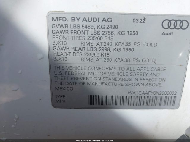 2022 AUDI Q5 WA1GAAFY8N2086002 Photo 8