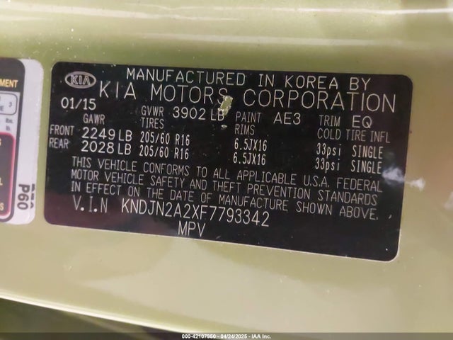 KNDJN2A2XF7793342 KIA dohc gdi gamma