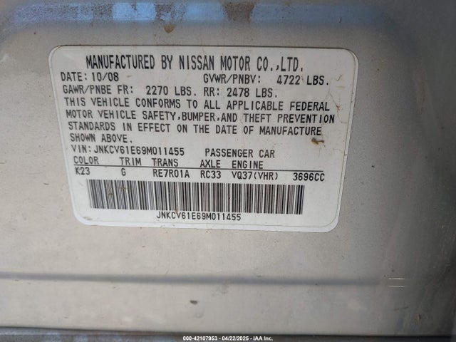 Aukcja sprzedaży 2009 Infiniti G37 Journey, vin: JNKCV61E69M011455, numer aukcji: 42107953