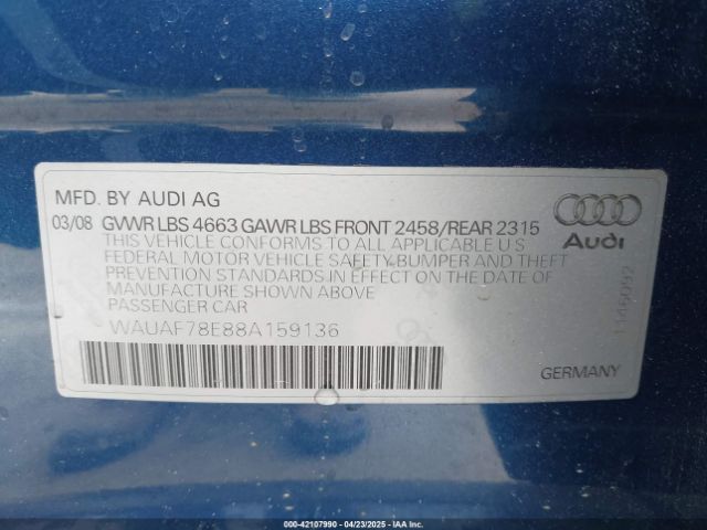 2008 AUDI A4 WAUAF78E88A159136 Photo 8