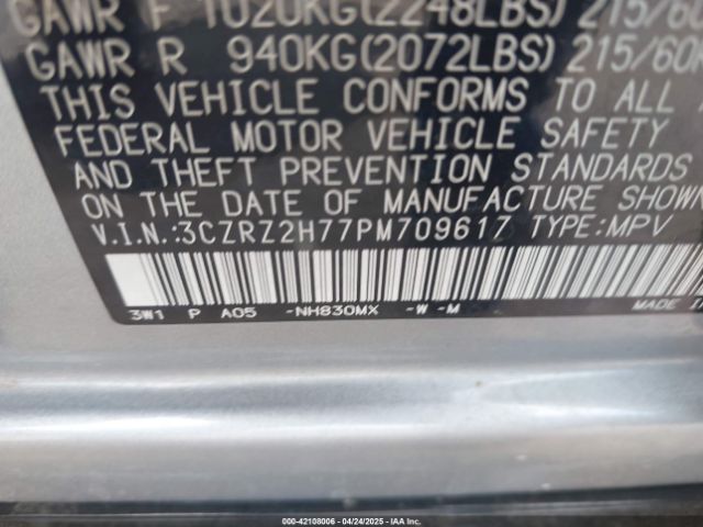 3CZRZ2H77PM709617 Honda Hr-v Awd Ex-l