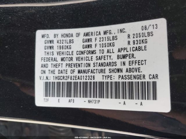 1HGCR2F82EA012326 Honda Accord Ex-l