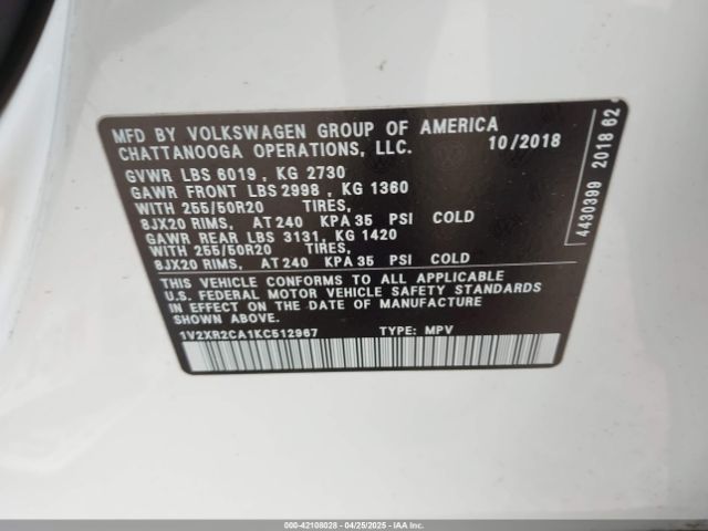1V2XR2CA1KC512967 Volkswagen Atlas 3.6l V6 Se W/technology R-line