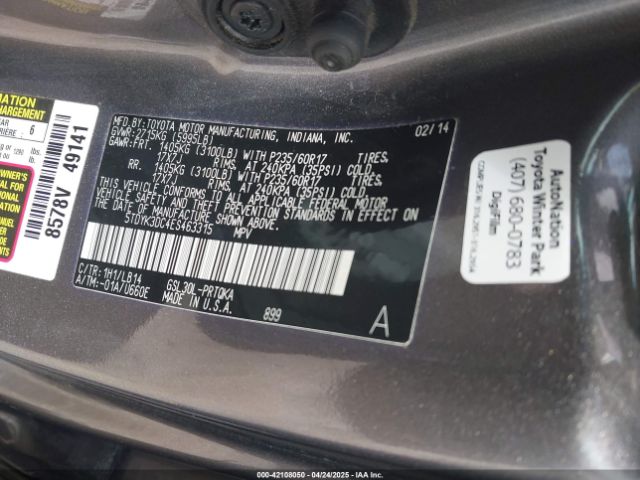 5TDYK3DC4ES463315 Toyota Sienna Xle V6 8 Passenger