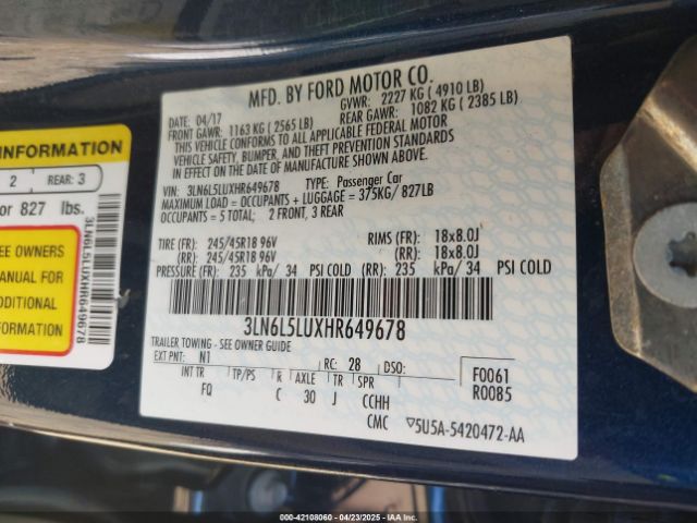 3LN6L5LUXHR649678 Lincoln Mkz Hybrid Select