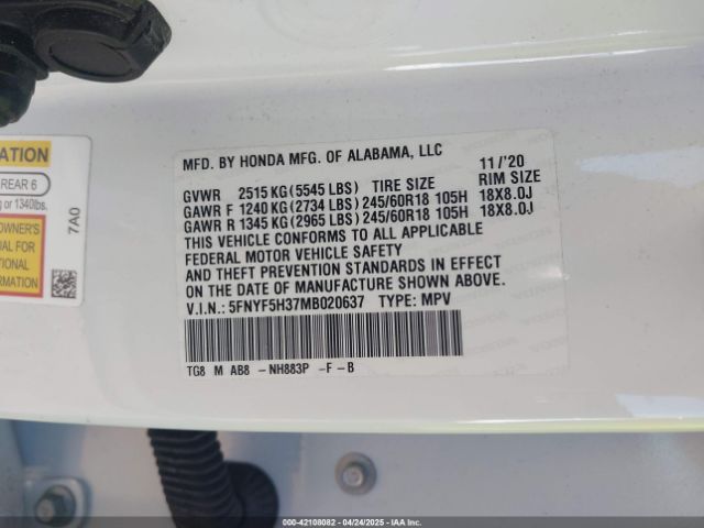 5FNYF5H37MB020637 Honda Pilot 2wd Ex