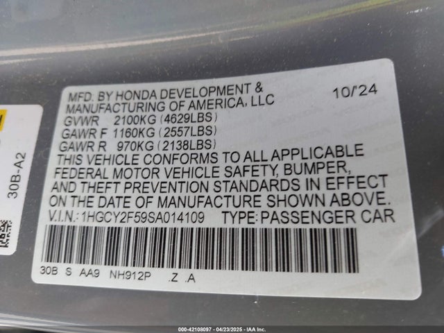 1HGCY2F59SA014109 Honda lfc5