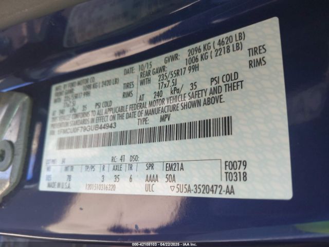 1FMCU0F79GUB44943 Ford ESCAPE S