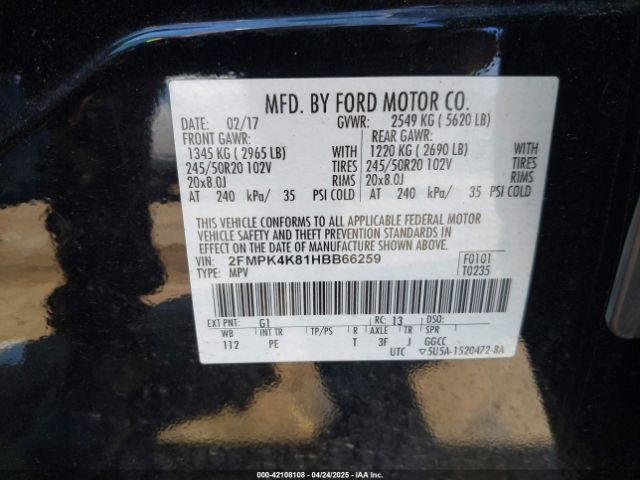 2FMPK4K81HBB66259 Ford Edge Titanium