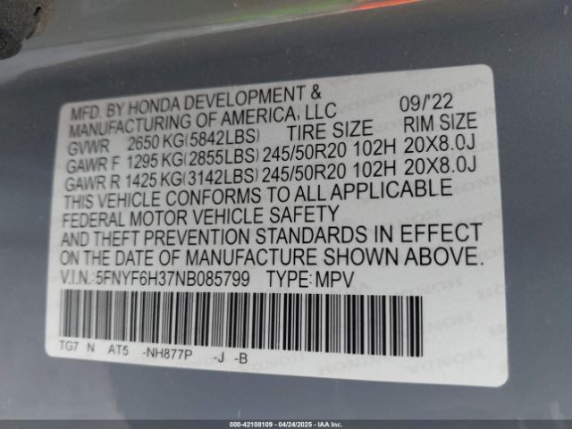 5FNYF6H37NB085799 Honda Pilot Awd Sport