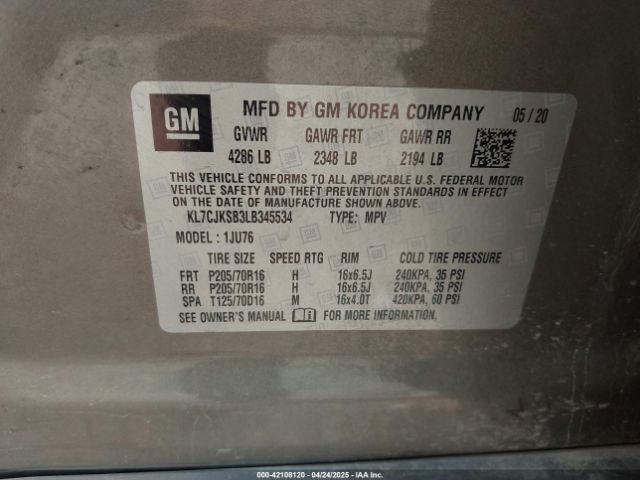 KL7CJKSB3LB345534 Chevrolet Trax Fwd Ls
