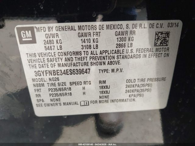3GYFNBE34ES639647 Cadillac Srx Luxury Collection