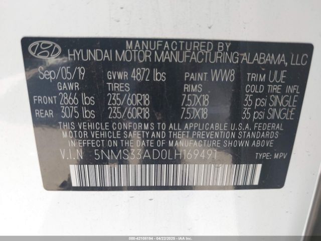 5NMS33AD0LH169491 Hyundai Santa Fe Sel