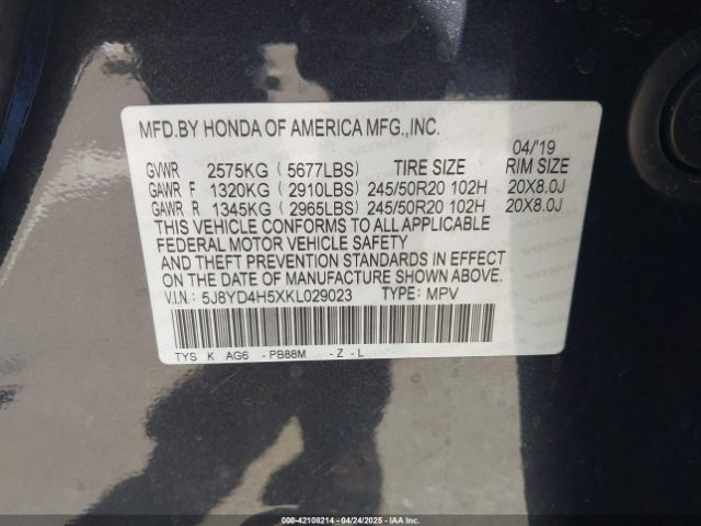 5J8YD4H5XKL029023 Acura Mdx Tech Pkg