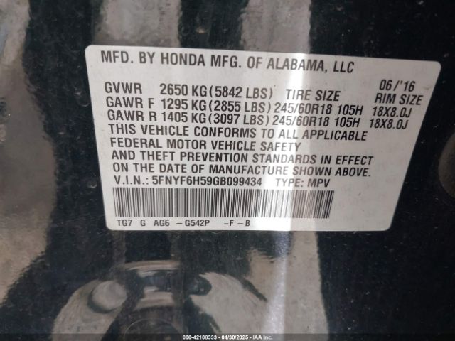 5FNYF6H59GB099434 Honda Pilot Ex-l