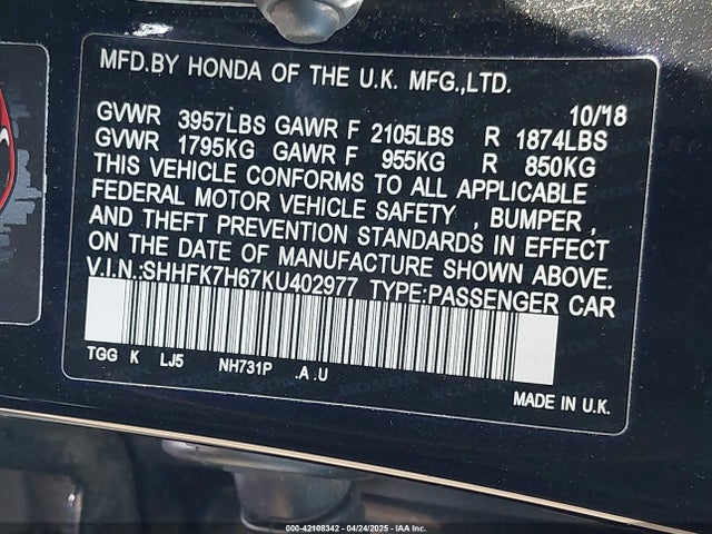 SHHFK7H67KU402977 Honda CIVIC EX