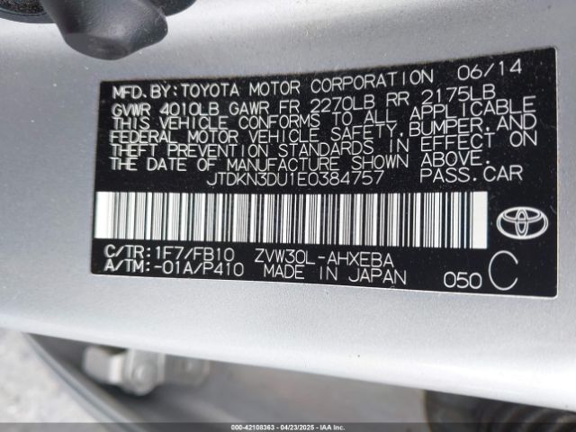 JTDKN3DU1E0384757 Toyota Prius Three