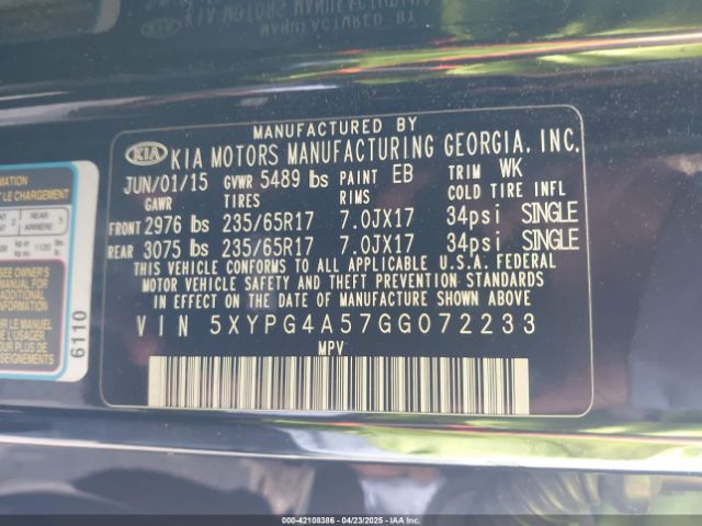 5XYPG4A57GG072233 KIA Sorento 3.3l Lx