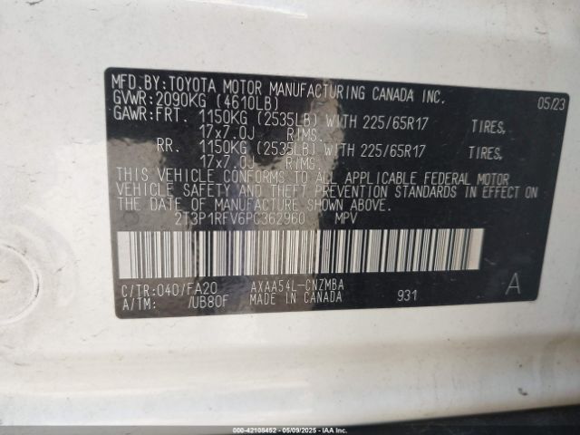 2T3P1RFV6PC362960 Toyota Rav4 Xle