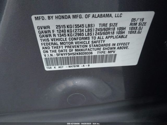 5FNYF5H52KB039336 Honda Pilot Ex-l