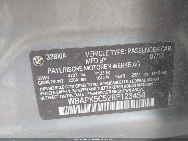 42108474 :رقم المزاد ، WBAPK5C52BF123454 vin ، 2011 Bmw 328i Xdrive مزاد بيع