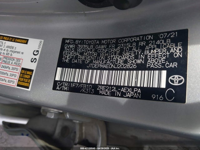 JTDEPMAE0NJ202826 Toyota COROLLA LE