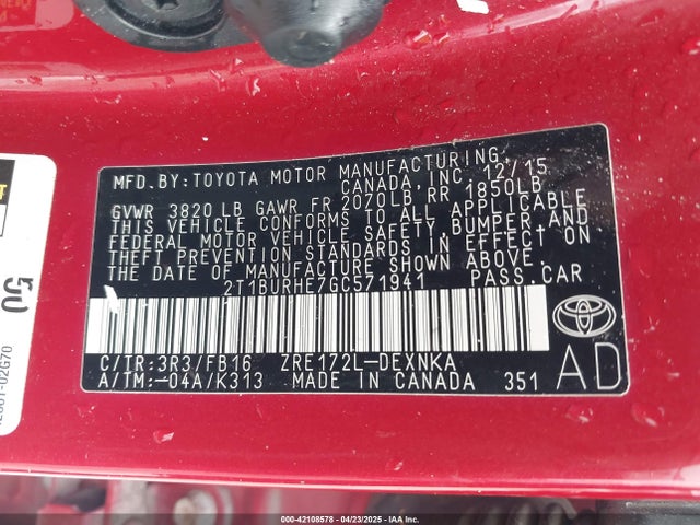2T1BURHE7GC571941 Toyota 2zr-fe