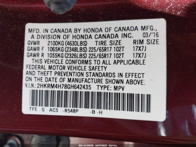2HKRM4H78GH642435 Honda Cr-v Ex-l