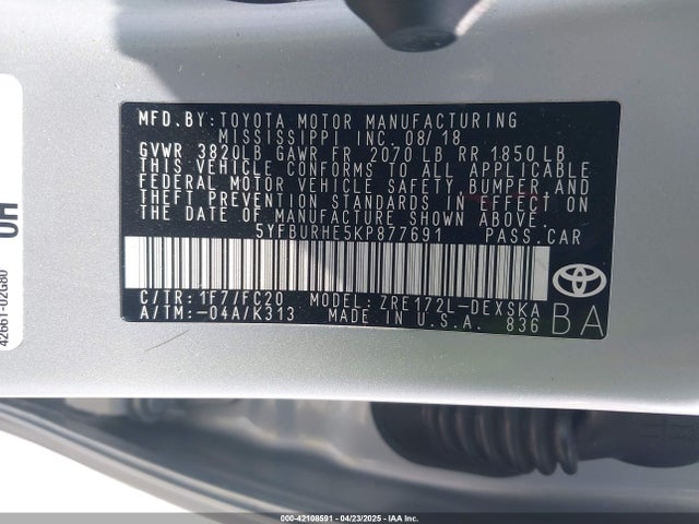 5YFBURHE5KP877691 Toyota COROLLA SE
