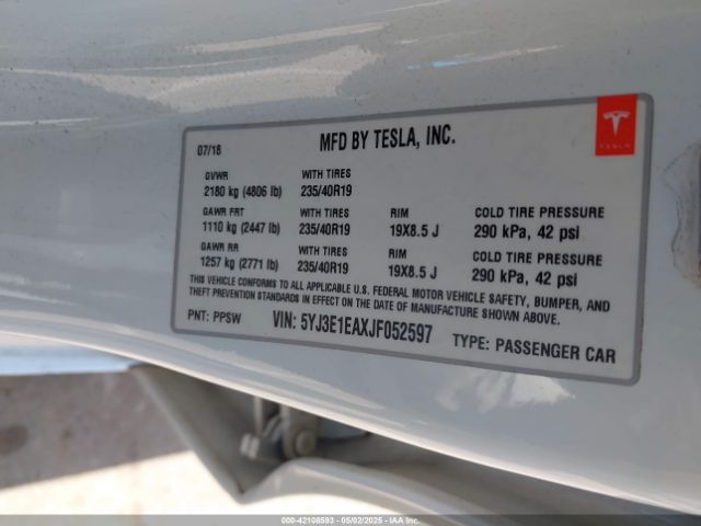 5YJ3E1EAXJF052597 Tesla Model 3 Long Range/mid Range