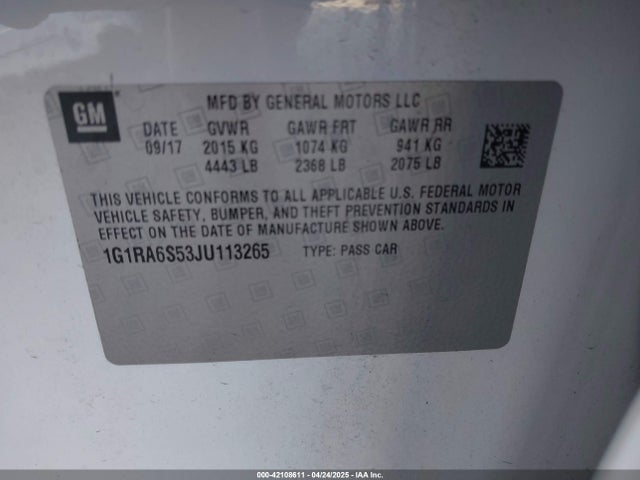 1G1RA6S53JU113265 Chevrolet VOLT LT