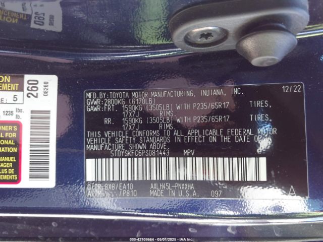 5TDYSKFC6PS081443 Toyota SIENNA XLE