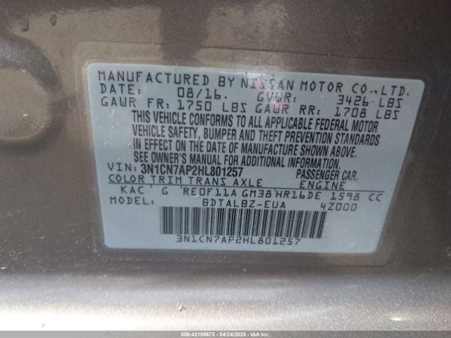 3N1CN7AP2HL801257 Nissan Versa 1.6 Sv