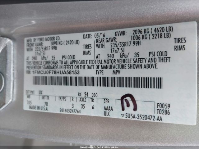 1FMCU0F78HUA58153 Ford ESCAPE S