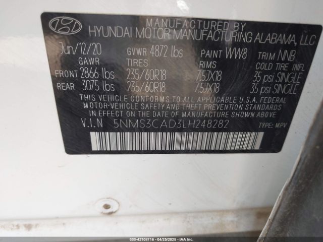 5NMS3CAD3LH248282 Hyundai Santa Fe Sel