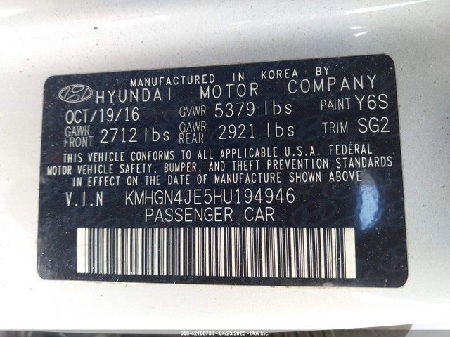 KMHGN4JE5HU194946 Genesis G80 3.8