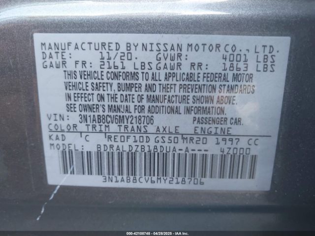 3N1AB8CV6MY218706 Nissan Sentra Sv Xtronic Cvt