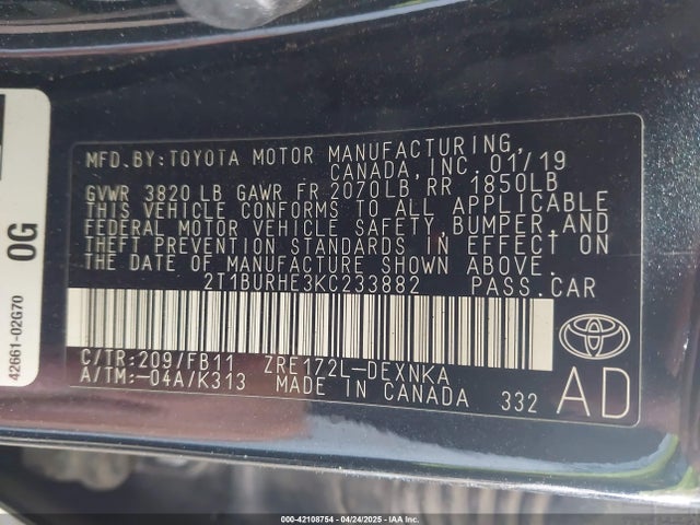 Toyota COROLLA LE 2019 2T1BURHE3KC233882 Image 9