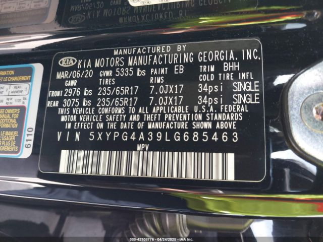 5XYPG4A39LG685463 KIA Sorento 2.4l Lx