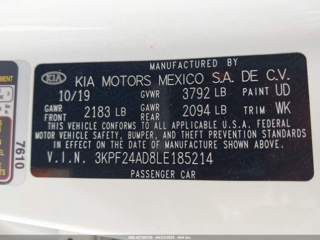 3KPF24AD8LE185214 KIA Forte Lxs