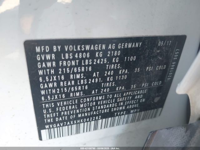 WVGAV7AXXHK042262 Volkswagen Tiguan 2.0t/2.0t S