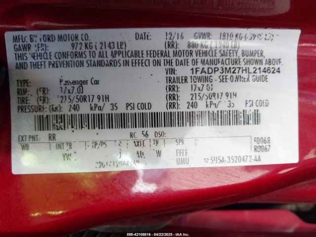 1FADP3M27HL214624 Ford FOCUS SEL